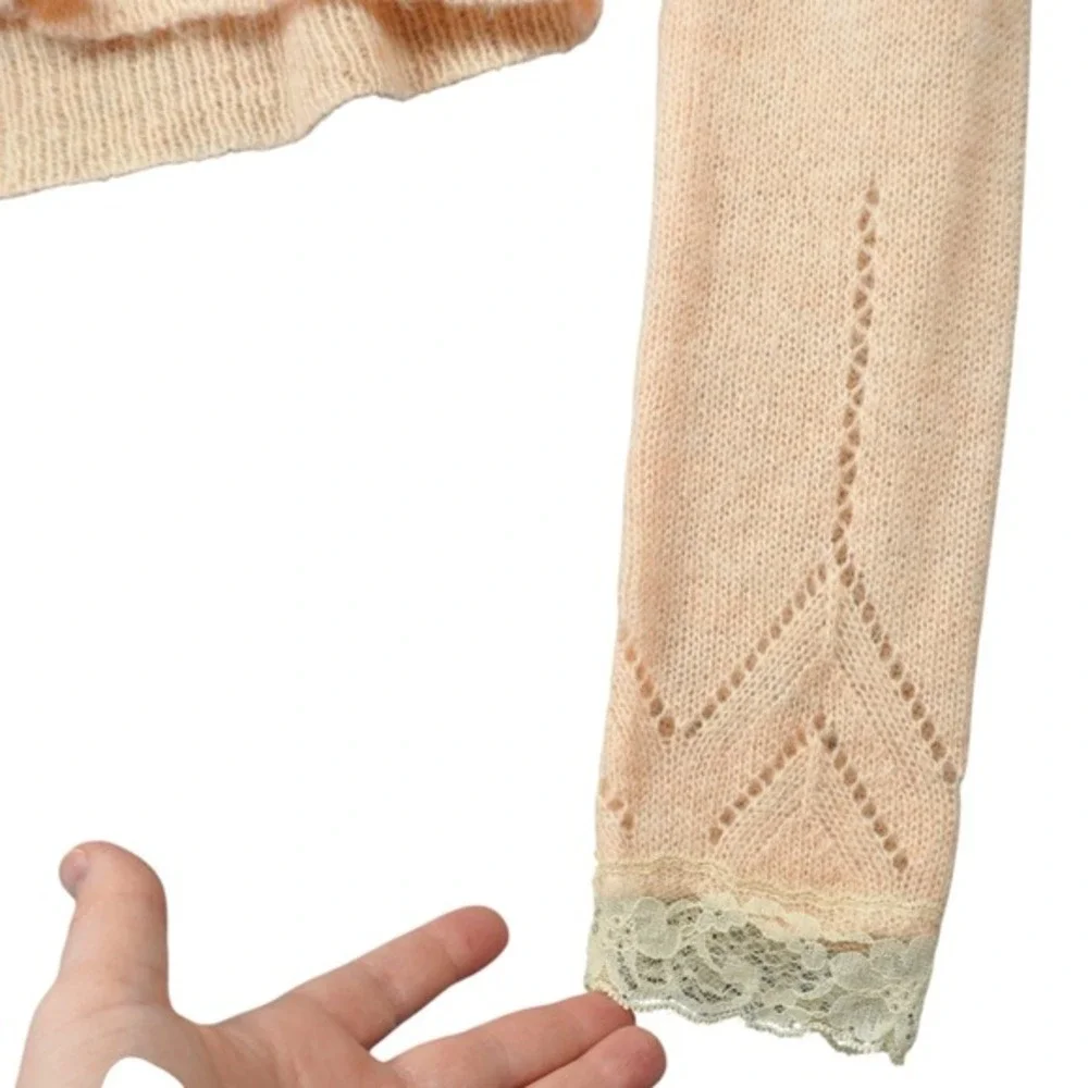 ZARA Peach Pointelle Lace Trim Cropped Cardigan Sweater Delicate Cottagecore